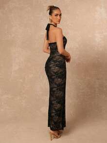 Lumalex 女士金属装饰蕾丝性感紧身吊带连衣裙 - 黑色 - 查看 2