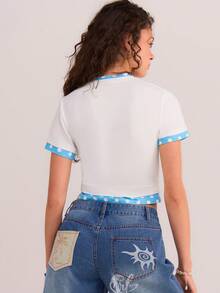 Athîral Women's Casual Polka Dot Patchwork T-Shirt - Blue and White - View 2
