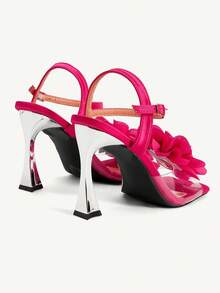 CUCCOO CHICEST Sandálias femininas elegantes de salto alto com bico quadrado, decoração floral 3D e fivela. - Rosa Quente - Ver 4