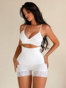 Sirith 1 件女式纯色高腰蕾丝拼接腰部塑身裤 - 白色 - 查看 2