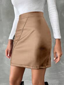 EURMUSE Damen einfarbiger Minirock mit hoher Taille und Schlitz am Saum - Aprikosenfarben - Übersicht 5