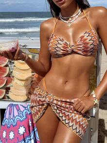 Swim Vcay 女士夏季三件套，热带水果元素吊带上衣搭配迷你裙，时尚金属配饰 - 彩色 - 查看 3