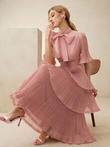 Anewsta 新款高品质品牌女装连衣裙，法式优雅甜美粉色中长连衣裙，高领设计，大蝴蝶结，喇叭袖，收腰，层叠荷叶边裙摆，适合约会和通勤，显瘦。 - 藕粉色 - 查看 1