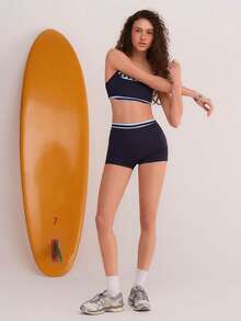 Athîral Women's Casual Sports Vest Blue Striped Set, Camisole Sleeveless Set, Gym Wear, Sports Wear, Sports Set, Navy Blue Set, Elastic Knitted Soft And Comfortable Fabric, Girls' Wear - Navy Blue - View 1