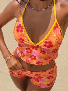 Swim Vcay 2026 女士春夏海滩度假波西米亚风热带花卉印花泳装套装，简约亮丽撞色设计，蝴蝶结装饰挂脖式吊带背心，适合度假、海滩、下午茶、野餐、派对、日常穿着、休闲等场合。 - 橘色 - 查看 6