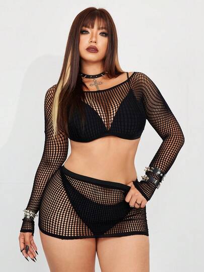 Whyspr 2pcs Plus Size Women Sexy Hollow Out Set
