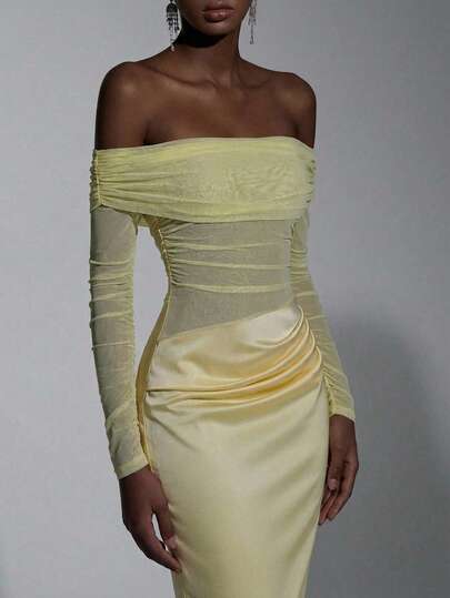 Elitara Elegant High-Stretch Knit Mesh & Satin Off Shoulder Sheer Long Sleeve Waist Ruched Fishtail Dress, Suitable For Dates, Vacations, Singles Parties, Weddings, Women's Evening Gowns, Bridesmaid Dresses