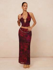 Lumalex 女士优雅性感露背无袖修身上衣 + 女士优雅性感开衩串珠修身半裙，春夏款，酒红色 - 酒紅色 - 查看 9