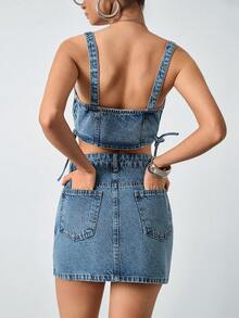 SHEIN Ensemble en jean pour femme, Top en jean et mini-jupe en jean bleu ciel - Bleu azur - Voir 2