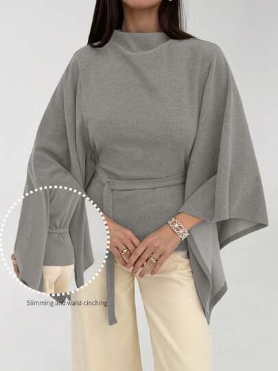 Aloruh Women's Elegant Commuter Solid Color Bell Sleeve Top Autumn/Winter Wool Cape Cover-Up: Slimming And Elegant Goddess Style, Detachable Belt