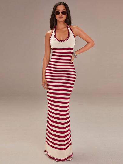Athîral Women's Casual Crochet Striped Knit Dress