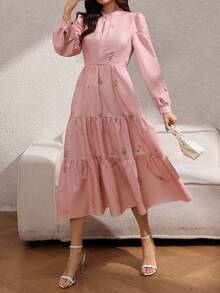 Rafferiza Women's Elegant Printed Waist Cinching Dress - Pink - View 6