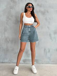 EURMUSE 100% Coton Taille Haute Détails Stylo Lavage Vintage - Bleu gris - Voir 3