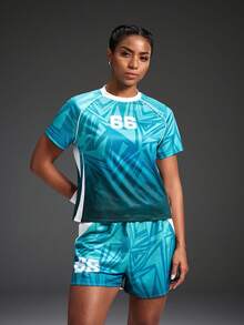 Jersey Sepak Bola Lengan Pendek Wanita Powerista, Kaos V-Neck Grafis Blok Warna 3D, Setelan Pertandingan Sepak Bola yang Bernapas dan Cepat Kering, Set Nama Kustom - Mint Green - View 5