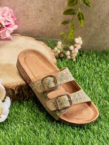 Mini mi #LittleBloom Kids Floral Stitch Dual-Buckle Comfy Footbed Nub Taupe Slides – Beachy, Soft & Summer-Fun. - Beige - View 5