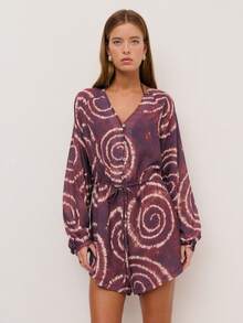 Nöista Mono de playa con ajuste oversize en colores marrones con efecto tie-dye, con lazo ajustable en la cintura. Mangas largas con elástico en los puños. Atuendo casual para vacaciones en la playa para mujeres, ropa de verano elegante para salidas, bodas, fiestas, festivales y vacaciones. - Marrón - Ver 1