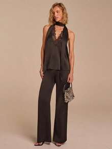 COSMINA Women's Satin Black Lace Patchwork Spaghetti Strap Tie Strap Camisole Top, Sleeveless Casual Elegant Romantic Holiday Camisole - Black - View 6