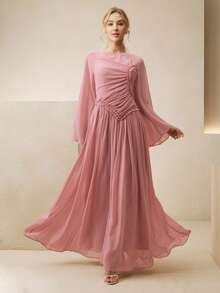 Anewsta High-Quality Fashionable Elegant French Pleated Waist Dress, Niche Design Flare Sleeve Round Neck Formal Gown, Commuting & Party Graceful Dress - Dusty Pink - View 4