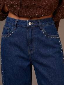 Athîral Women's Rivet Pocket Straight Loose Casual Versatile Jeans - Navy Blue - View 5