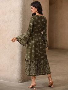 Rafferiza 女士佩斯利印花荷叶袖连衣裙，穆斯林风格连衣裙，优雅长裙，休闲日常V领长裙 - 綠色 - 查看 2