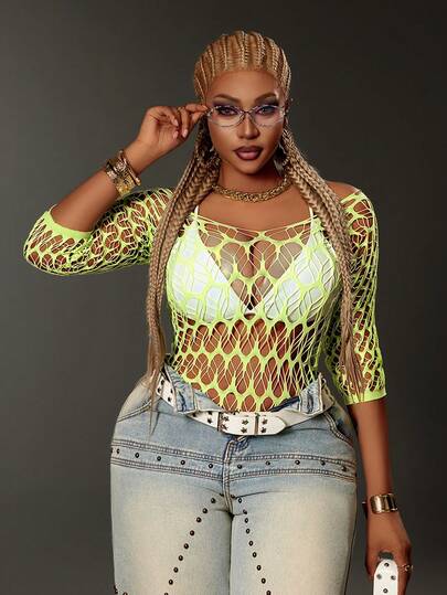 Maweii Plus Size Women Sexy Hollow Out Mesh Blouse