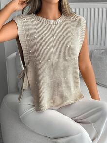 SHEIN Tall SHEN Tall Size Pearl Detailed Rib-Knit Sweater Vest Chic Top Sweater Top - Apricot - View 3