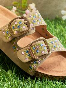 Mini mi #LittleBloom Kids Floral Stitch Dual-Buckle Comfy Footbed Nub Taupe Slides – Beachy, Soft & Summer-Fun. - Beige - View 6