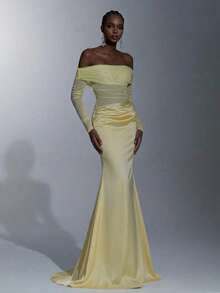 Elitara Elegant High-Stretch Knit Mesh & Satin Off Shoulder Sheer Long Sleeve Waist Ruched Fishtail Dress, Suitable For Dates, Vacations, Singles Parties, Weddings, Women's Evening Gowns, Bridesmaid Dresses - Yellow - View 6