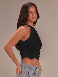 Athîral Women's Round Neck Knotted Asymmetric White Short Sleeve T-Shirt, Spring - Black - View 4