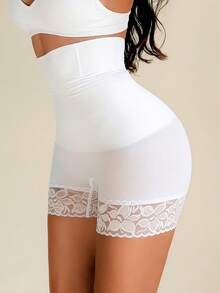 Sirith 1 件女式纯色高腰蕾丝拼接腰部塑身裤 - 白色 - 查看 1