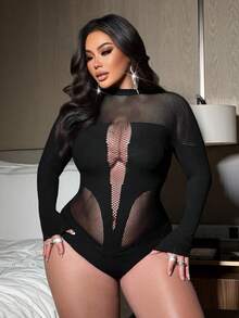 NU&NOW Plus Size Women Sexy Mesh Patchwork Long Sleeve Bodysuit - Black - View 2