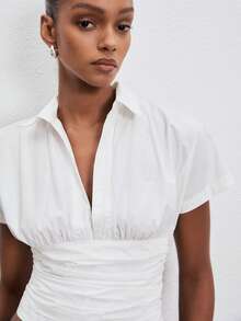 ATUI Studio Blusa de manga corta con pliegues en la cintura, ajuste ceñido, apropiada para ir a trabajar, citas y vacaciones - Blanco - Ver 3