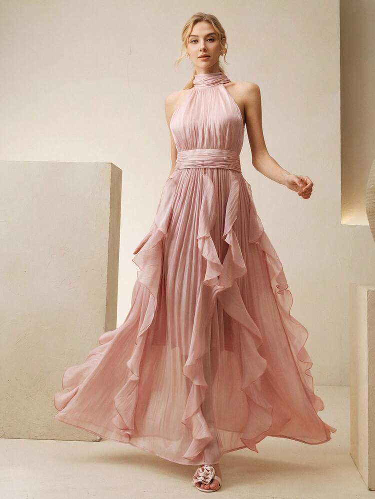 Anewsta Vestido largo elegante sin mangas con cuello halter para mujer, vestido con pliegues en la cintura, efecto estilizante, bajo ondulado brillante, color rosa, adecuado para banquetes, fiestas y reuniones - Rosa - Añade 6