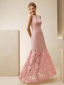 Anewsta Đầm maxi dáng chữ A không tay, cổ thuyền, màu hồng nhạt mới cho mùa xuân và hè, chất liệu ren thêu tan trong nước, trang phục dự tiệc thanh lịch dành cho phụ nữ. - Hồng - Xem 6