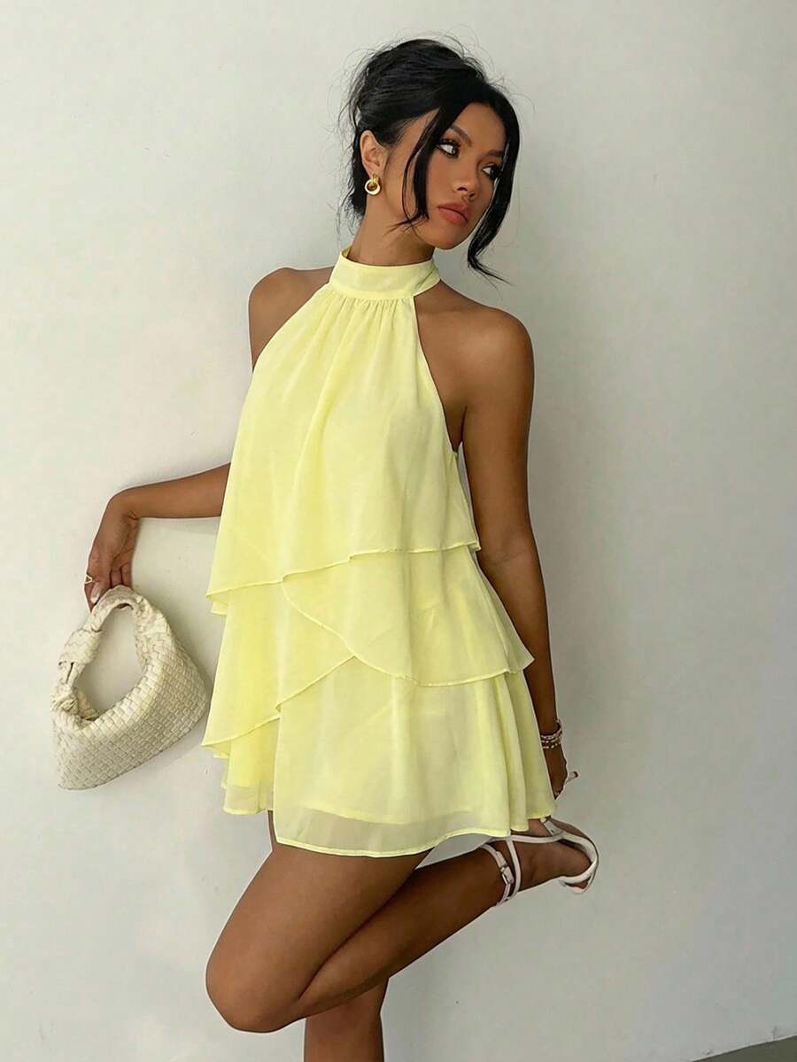 Aloruh Yellow Halter Layered Hem Romantic Mini Skirt, Vacation Style ,Summer Dress - Yellow - View 1