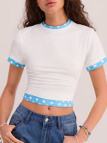 Athîral Women's Casual Polka Dot Patchwork T-Shirt - Blue and White - View 4