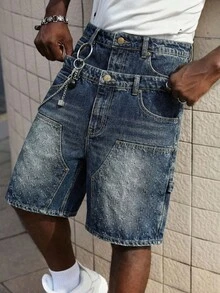 ROMWE MEN Street Life Men's Double-Layer Waistband Cargo Denim Shorts - Dark Wash - View 1