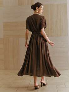 Anewsta Đầm nữ màu nâu linen kiểu Pháp thanh lịch mùa xuân/hè, cổ chữ V sâu, tay cánh dơi, eo thon, xếp ly, dáng xòe, thích hợp cho mặc hàng ngày, dự tiệc, họp mặt, đi nghỉ mát. - Cà phê nâu - Xem 6