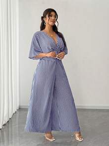 SHEIN Elenzya 加大码欧美风条纹短袖休闲修身连体裤 - 藍色 - 查看 4