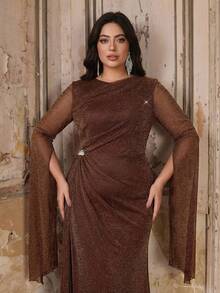 Aureia Plus Size Elegant Romantic Coffee Color Round Neck Ruched Flounce Lantern Sleeve Rhinestone Decor Mermaid Hem Dress, Suitable For Evening Party, Singles Party, Date, Ball, Vacation, Wedding, Bridesmaid - Coffee - View 6