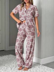 SHEIN Knopfdetaillierter, lässiger, mehrfarbiger, süßer Blumenmuster-detaillierter, entspannter Pyjama-Loungewear-Set - Verschiedenfarbig - Übersicht 6