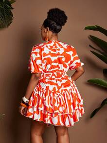 Maweii Plus Size Women Geometric Print Ruffle Hem Fashionable Vacation Dress - Orange - View 6
