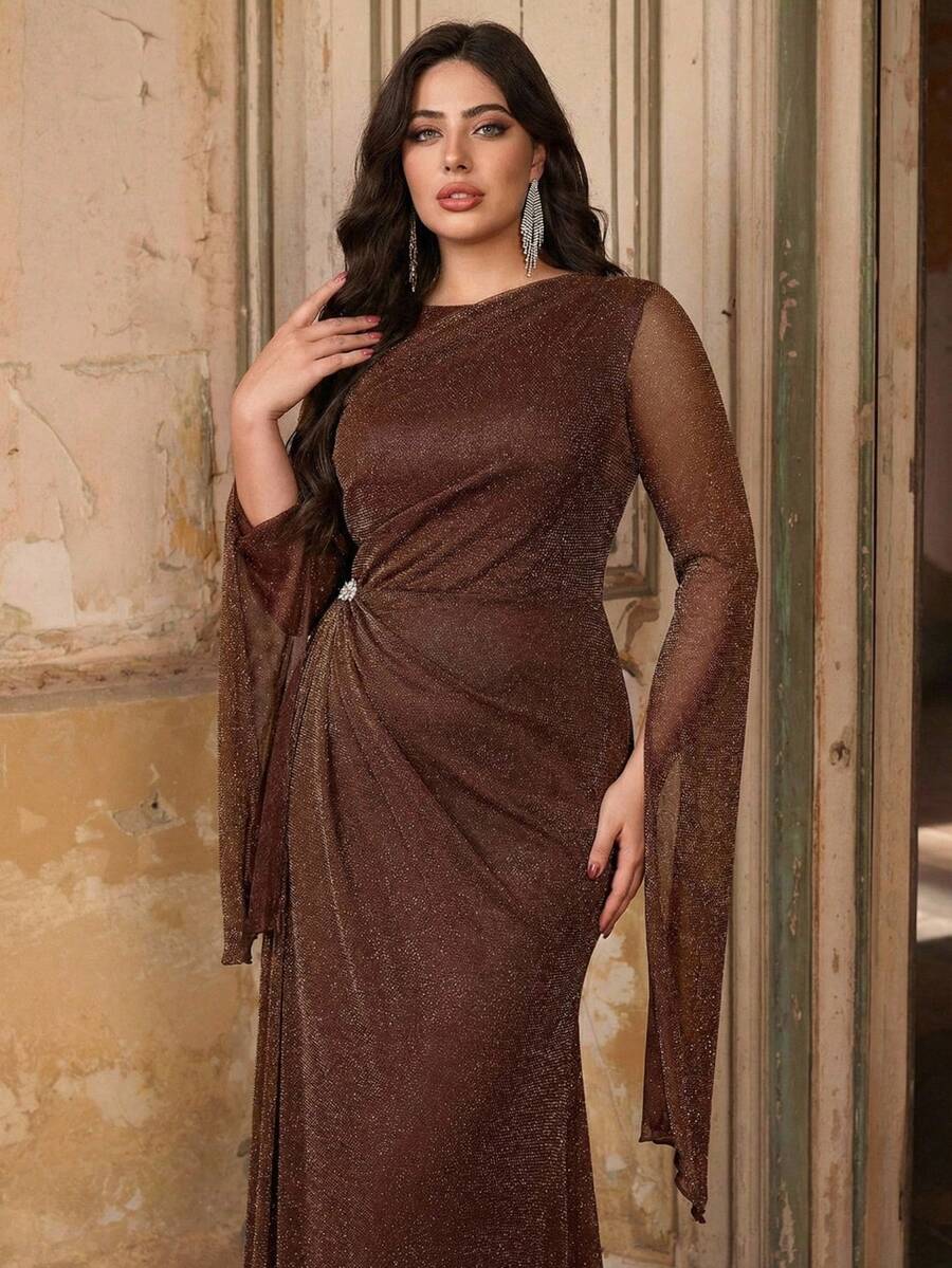 Aureia Plus Size Elegant Romantic Coffee Color Round Neck Ruched Flounce Lantern Sleeve Rhinestone Decor Mermaid Hem Dress, Suitable For Evening Party, Singles Party, Date, Ball, Vacation, Wedding, Bridesmaid - Coffee - View 1