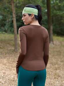 SHEIN In My Nature Women's Outdoor Long Sleeve Thumb Hole Slimming Coffee Brown T-Shirt - Brown - View 7