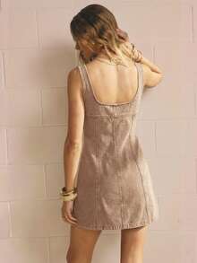 Aralina Button Front Bodycon Square Neck Indigo Denim Mini Women Vacation Outfits Summer Dress - Coffee - View 2