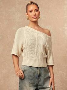 Lumalex Beige Summer Casual Asymmetric Collar Short Sleeve Sweater,Brunch Boho-Casual Flair Quiet Luxury Business Chic,Glitter-Accented Party Look For Vacay - Apricot - View 12