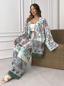EURMUSE Printed High Waist Two Pieces Set – Long Sleeve Kimono Top & Wide Leg Pants - Multicolor - View 3
