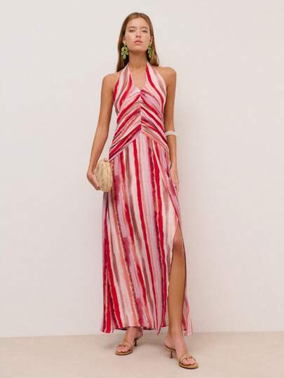 Nöista Long Dress With Vertical Stripes. Ruched Detailing At The Waist Enhances Its Flattering Silhouette. Special Occasions, Spring, Summer, Formal Event, Every Day Look, Easter, Formal Ocasion, Event, Weeding .