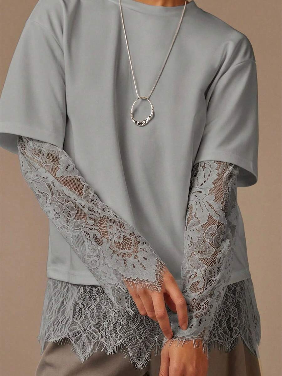 Athîral 女士休闲长袖撞色蕾丝衬衫 - 灰色 - 查看 1