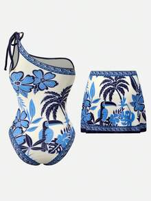 Swim Oasis Bộ đồ bơi liền thân kèm váy in họa tiết hoa và chim nhiệt đới dành cho nữ, kiểu cổ yếm, thích hợp cho kỳ nghỉ biển. - Xanh và trắng - Xem 3